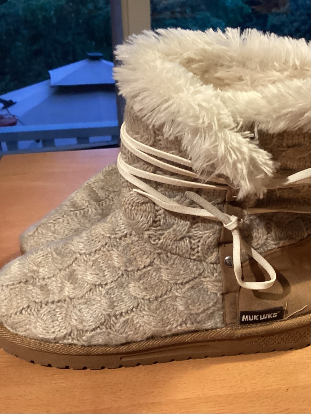 Muk Luks Taupe Cable Knit Faux Fur Lined Slipper Boots
